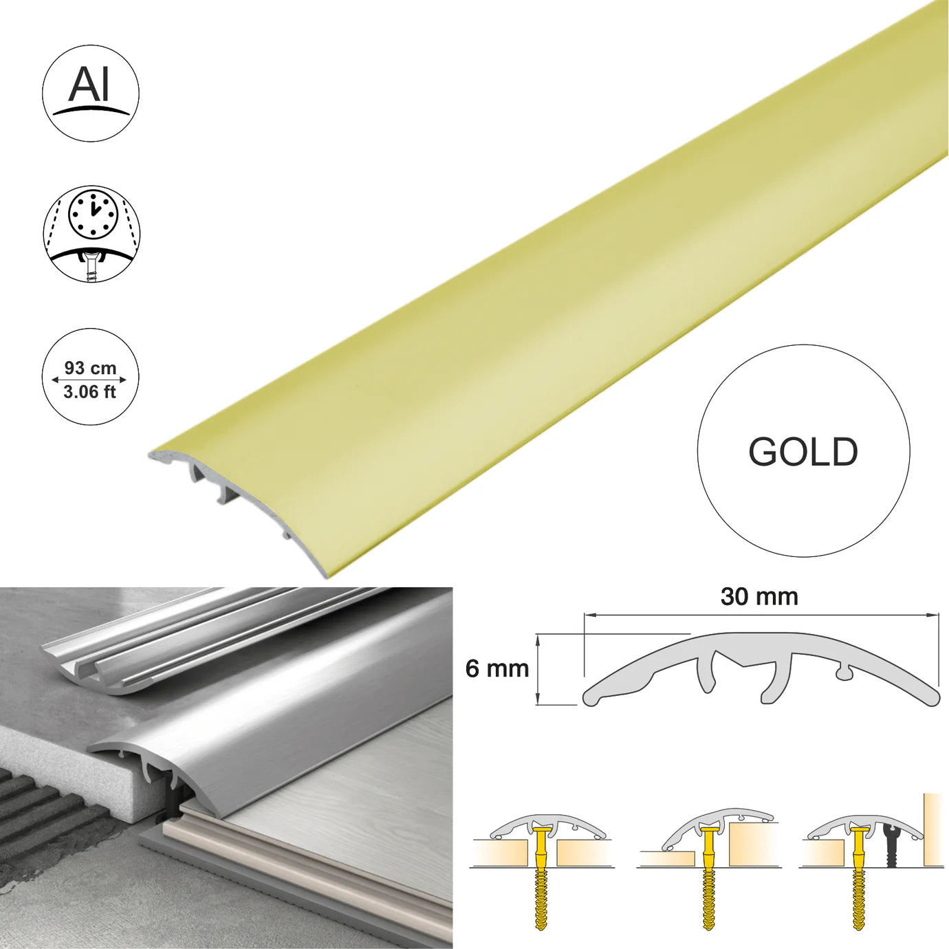 30mm Aluminium 4-in-1 Multi-Purpose Door Threshold Trim – Adjustable Floor Transition Strip