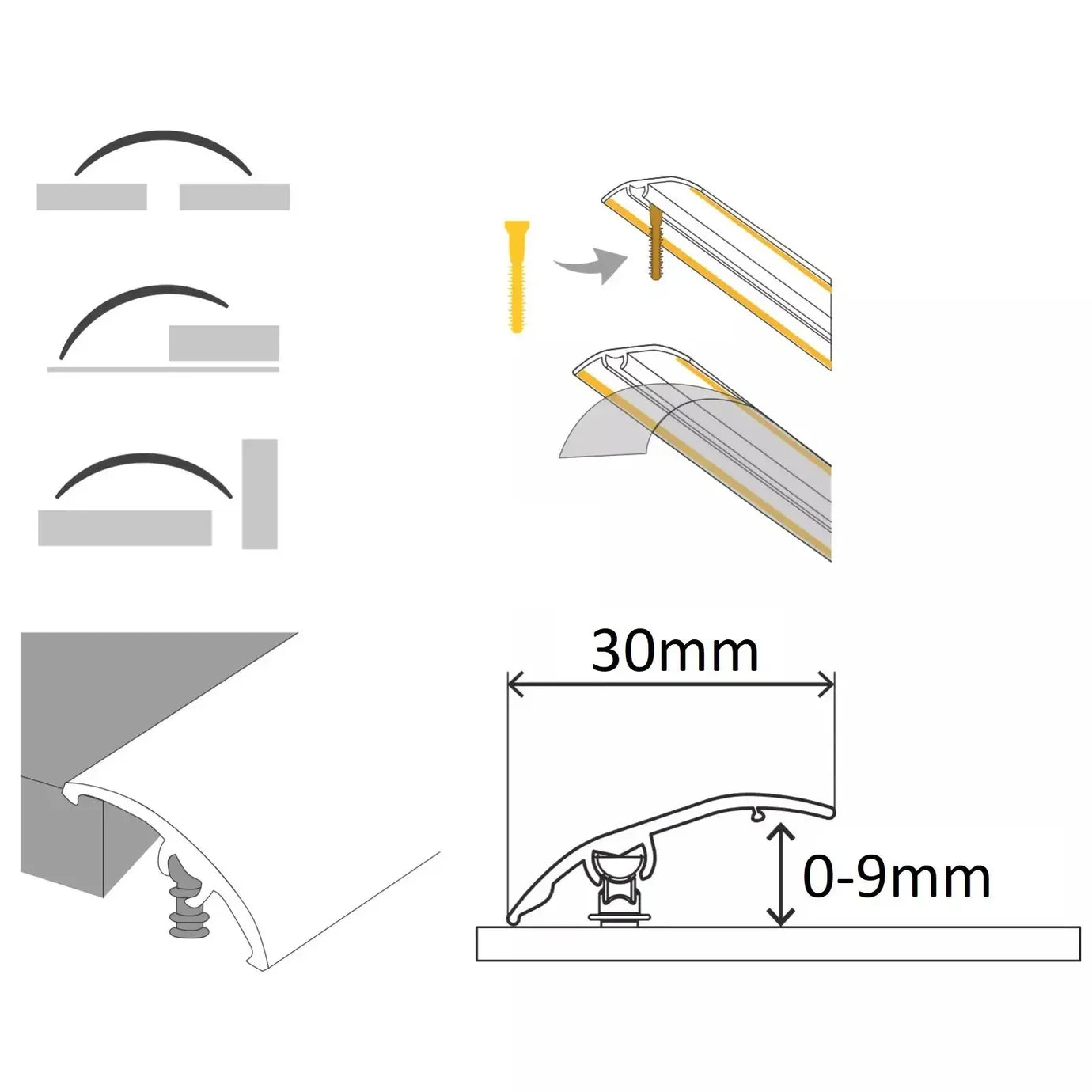 30mm Aluminium 4-in-1 Multi-Purpose Door Threshold Trim – Adjustable Floor Transition Strip